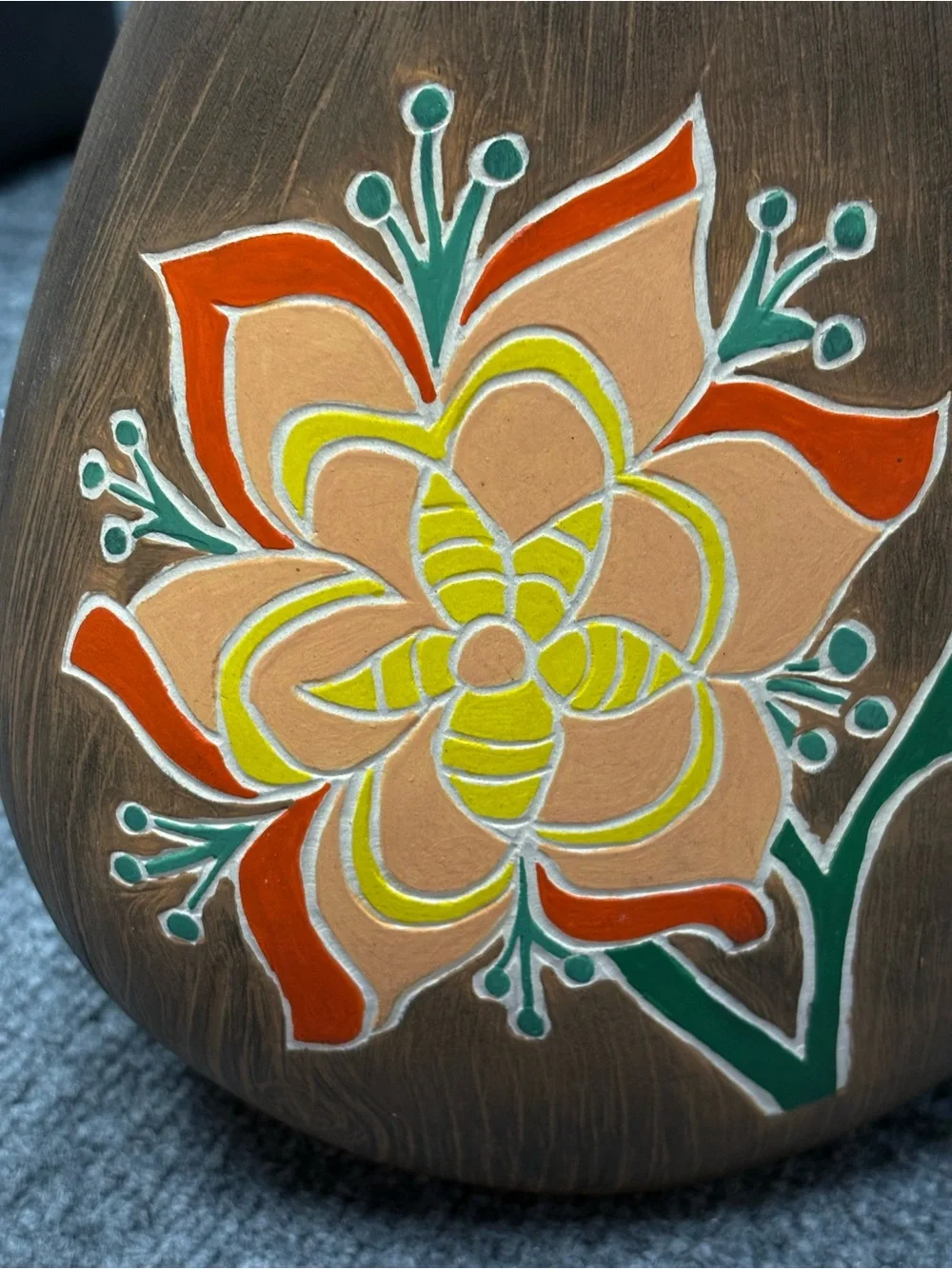 Peruvian Ceramic Vase with Hand-Painted Orange Floral Design